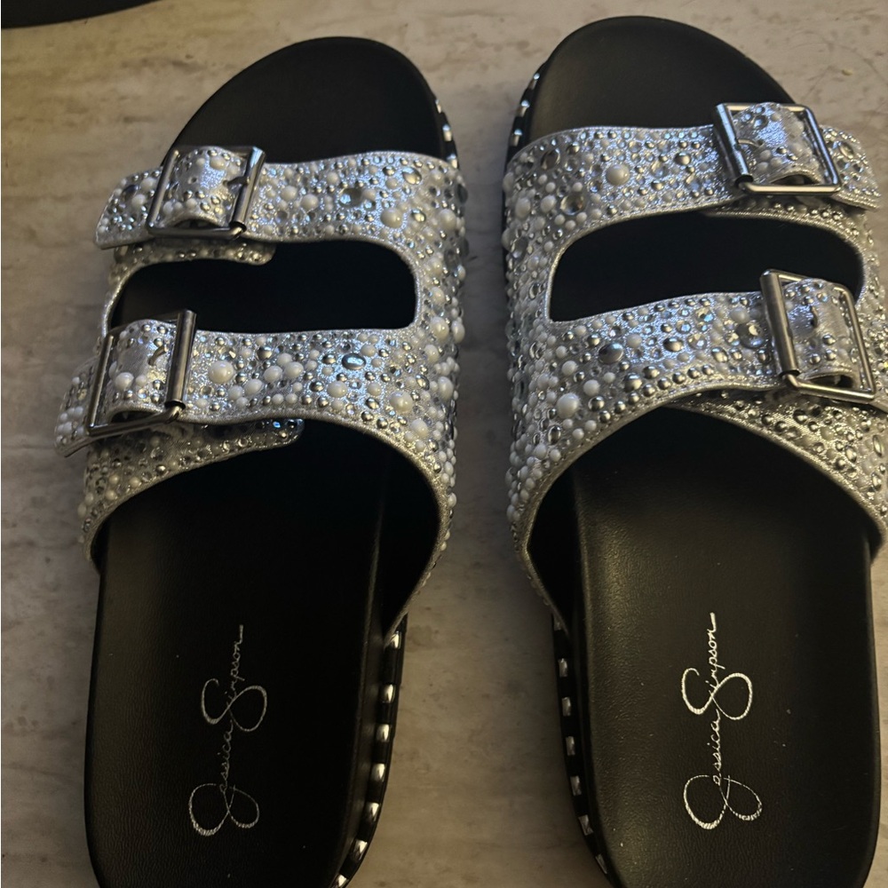 Jessica Simpson Silver Jeweled Double-Buckle Slide Sandals